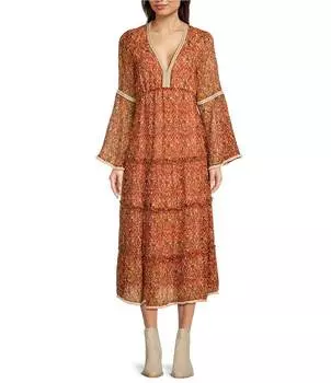 Многоярусное платье трапециевидной формы с длинными рукавами-колоколами Talisman Zelda и принтом V-образным вырезом, оранжевый