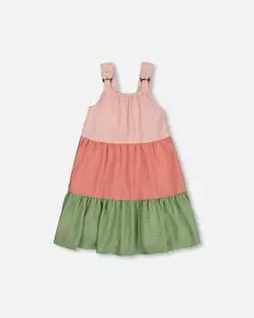 Многоярусное платье в крестьянском стиле с цветными блоками персиково-розового и зеленого цвета Deux par Deux