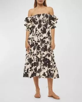 Многоярусное поплиновое платье миди Margarita с пышными рукавами и цветочным принтом MISA Los Angeles, цвет Flora Negra