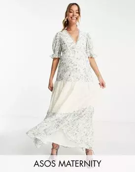 Многоярусное повседневное платье миди ASOS DESIGN Maternity с английской вышивкой и смешанным цветочным принтом