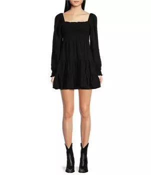 Многоярусное расклешенное платье Allison & Kelly с длинными рукавами и присборенными краями, черный