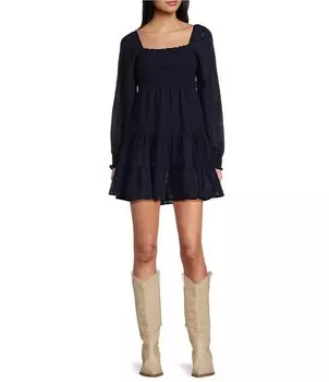 Многоярусное расклешенное платье Allison & Kelly с длинными рукавами и присборенными краями, синий