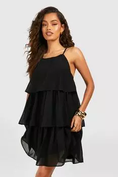 Многоярусное шифоновое мини-платье с воротником халтер boohoo, черный