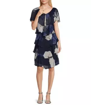 Многоярусное шифоновое платье Ignite Evenings с короткими рукавами, украшенным V-образным вырезом и цветочным принтом, цветочный
