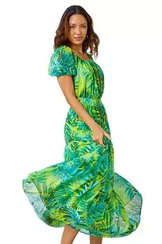 Многоярусное шифоновое платье макси с пальмовым принтом Roman, зеленый
