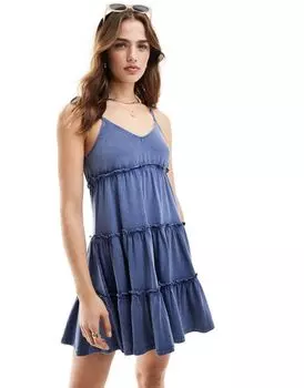 Многоярусное стираное мини-платье Miss Selfridge с завязками на бретельках синего цвета