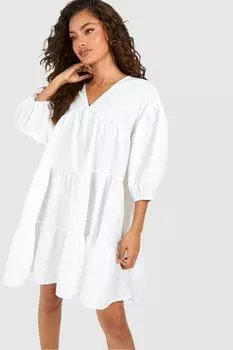 Многоярусное свободное платье из поплина с V-образным вырезом boohoo, белый