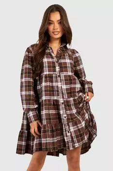 Многоярусное свободное платье в клетку boohoo, коричневый