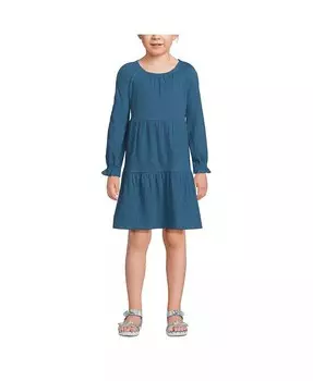 Многоярусное трикотажное платье с длинными рукавами для больших девочек плюс Lands' End, синий