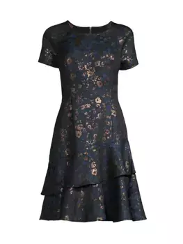 Многоярусное жаккардовое мини-платье с цветочным принтом Shani, синий