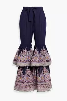 Многоярусные расклешенные брюки из шифона с цветочным принтом ZIMMERMANN, нави