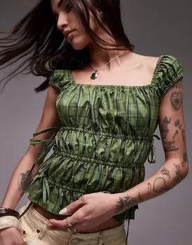 Многоярусный топ Topshop в зеленую клетку с завязками и сборками