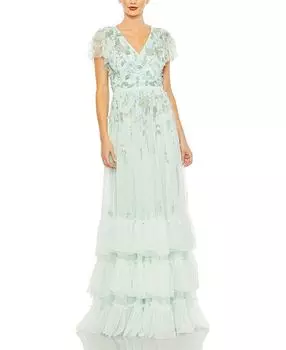 Многослойная блузка с рюшами, декоративными элементами и фальш-запахом на рукавах-крылышках Mac Duggal, зеленый