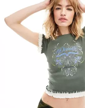 Многослойная детская футболка цвета хаки с винтажной графикой Daisy Street