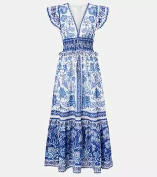 Многослойное хлопковое платье макси с цветочным принтом Farm Rio, Shell Garden Off-White