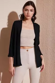 Многослойное кимоно-кардиган из жатого хлопка с воротником и рукавами 5864974 Lela, черный