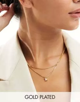 Многослойное колье из 14-каратного золота ASOS DESIGN с подвеской из циркония в подарочном пакете