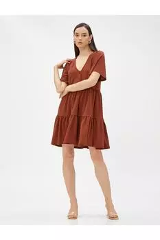 Многослойное короткое платье с V-образным вырезом и короткими рукавами Koton, коричневый
