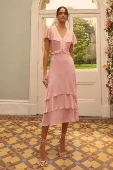 Многослойное летнее платье-макси с расклешенными рукавами и V-образным вырезом с рюшами Love & Roses