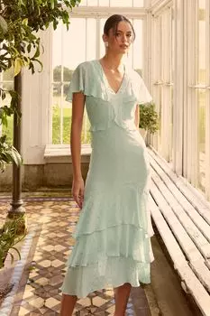 Многослойное летнее платье-макси с расклешенными рукавами и V-образным вырезом с рюшами Love & Roses