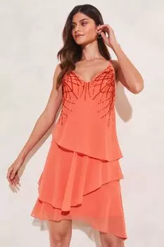 Многослойное расклешенное платье с бретелями расшитыми пайетками и V-образным вырезом Lipsy, оранжевый