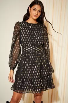 Многослойное шифоновое мини-платье с длинными рукавами принтом из фольги и поясом Friends Like These, черный