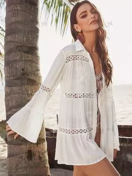 Многослойный кружевной топ с рукавами-колокольчиками Swim Vcay Shein, белый