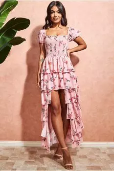 Многослойный низ с цветочным принтом макси Goddiva, розовый