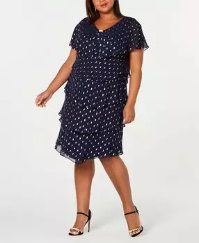 Многоуровневое платье больших размеров в горошек с эффектом металлик SL Fashions, мульти