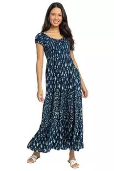 Многоуровневое платье макси с завязками ацтекского стиля Roman, синий