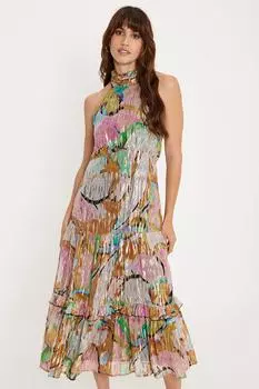 Многоуровневое платье мидакси с металлическим принтом и завязками на шее, лямкой на бретельках Oasis, мультиколор