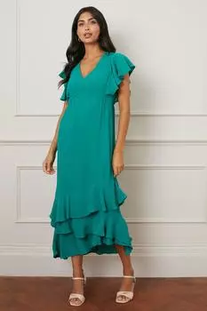 Многоуровневое платье мидакси с рукавами и рюшами Wallis, зеленый