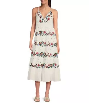 Многоуровневое платье-трапеция Reba без рукавов с цветочной вышивкой и V-образным вырезом, цветочный