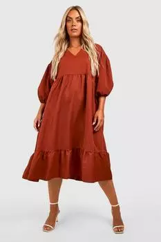 Многоуровневое свободное платье с ткаными рукавами-фонариками Plus boohoo, оранжевый