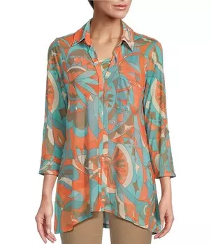 Множественный сетчатый топ с красочным ретро-цветочным принтом и рукавами 3/4 с высоким и низким подолом Multiples, мультиколор