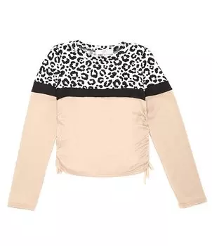 Moa Moa Топ с завязками и длинными рукавами для больших девочек 7–16 лет с круглым вырезом и цветными блоками в виде животных, коричневый