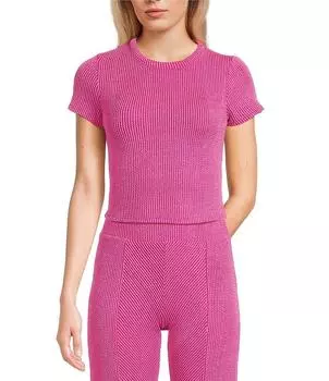 Moa Moa Укороченный вязаный топ в рубчик с короткими рукавами и круглым вырезом, розовый