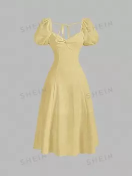 MOD Белое летнее платье макси с пышными рукавами и витым бюстом, большие размеры для женщин Shein, желтый