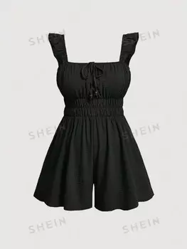 MOD Большие размеры, зеленый авокадо, милый комбинезон с рюшами по центру и ремешком спереди, украшенный деревянными бусинами, серо-зеленого цвета Shein, черный