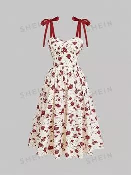 MOD Цельное платье, украшенное бантом, цветочный принт, летнее Shein, красный