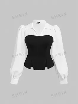 MOD Черно-белая майка Асимметричный край из мишуры, большой размер Shein, черно-белый