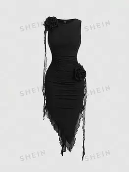 MOD черное Облегающее платье, большой размер, неровные края, объемное кружево, без рукавов и бретели из лент Shein, черный