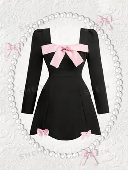 MOD Черное платье больших размеров с розовым бантом спереди и пышными рукавами с изогнутым подолом на День святого Валентина Shein, черный