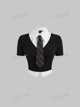 MOD, Две искусственные футболки, однотонные, из ребристой ткани с галстуком Shein, черный