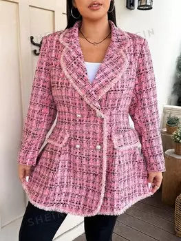 MOD Двубортный пиджак, узор в клетку, вышивка, пуговицы внахлест, на весну и осень, специальный размер Shein, розовый