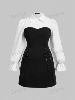 MOD, двухслойное платье-рубашка с Длинными рукавами, школьный стиль, специальный размер Shein, черно-белый