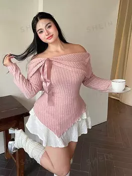 MOD Футболка с длинным рукавом, однотонная, с открытыми плечами, большого размера, повседневная одежда Shein, розовый