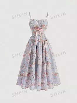 MOD Голубое платье с чашечками и цветочным принтом Платье для чаепития с бантом, большие размеры, летнее Shein, мультиколор