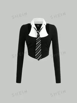 MOD Искусственные топы из двух частей с цветными блоками и завязками Shein, черно-белый