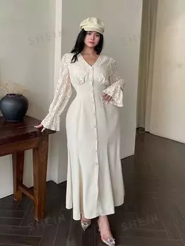 MOD Элегантное платье Дизайн кружевной панели Одинарная строчка спереди, расклешенные плечи, Длинные рукава, V-образный вырез, большой размер Shein, абрикосовый